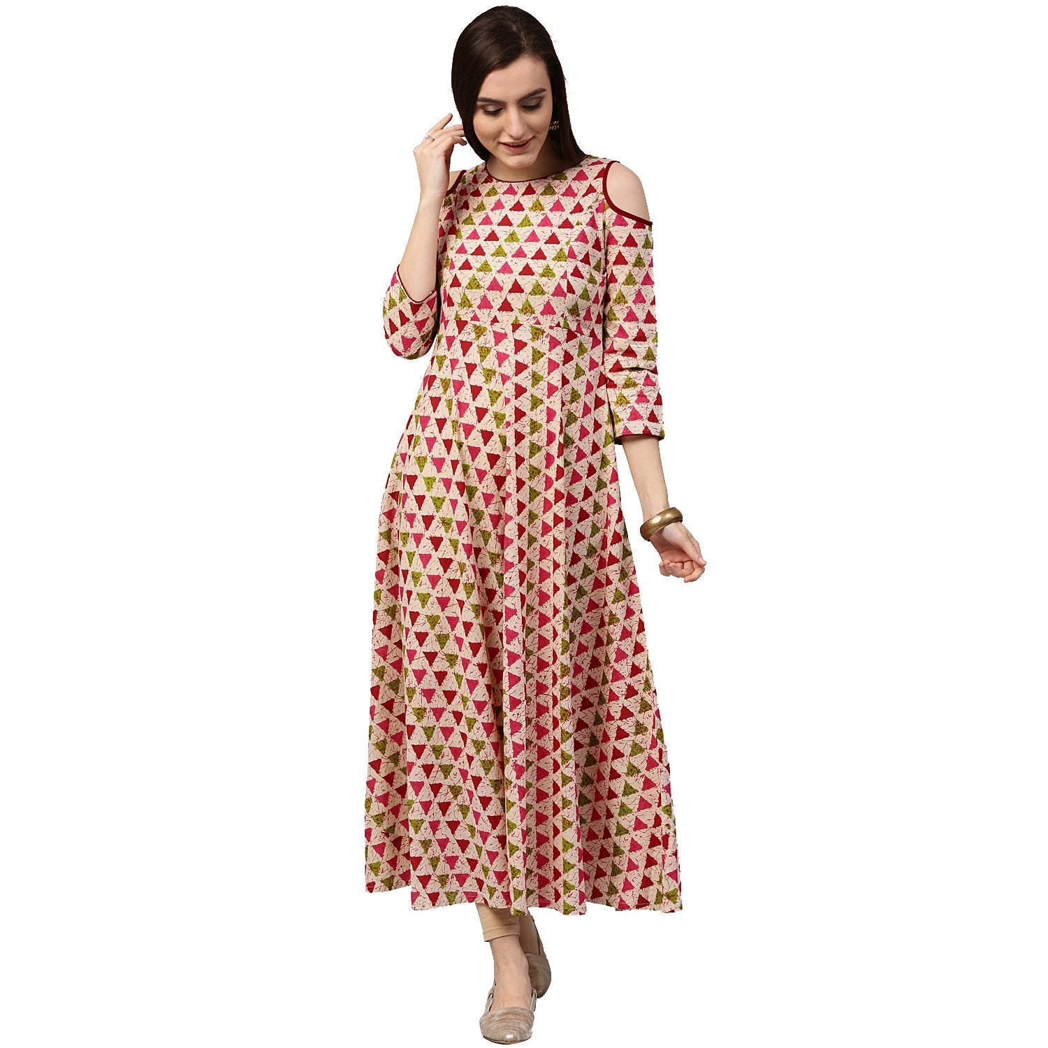 White Printed 3/4Th Sleeve Cold Shoulder 3/4Th Sleeve Cotton Anarkali Kurta | LASVINI - Redefining Indian Fashion with Elegance