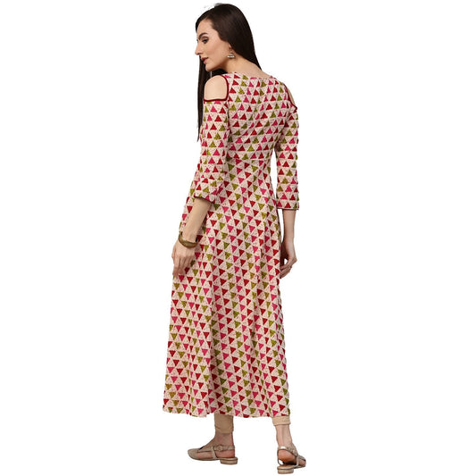 White Printed 3/4Th Sleeve Cold Shoulder 3/4Th Sleeve Cotton Anarkali Kurta | LASVINI - Redefining Indian Fashion with Elegance