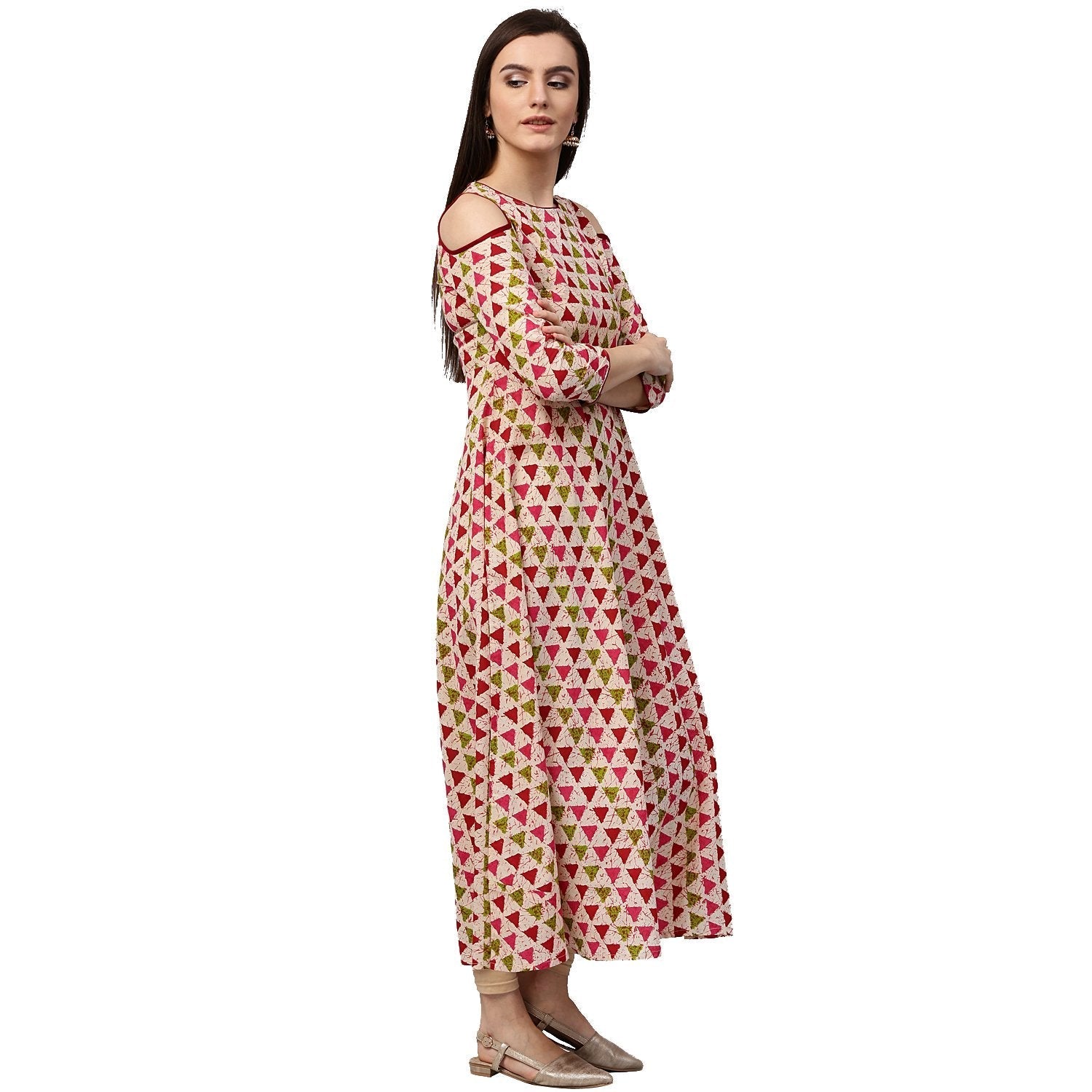 White Printed 3/4Th Sleeve Cold Shoulder 3/4Th Sleeve Cotton Anarkali Kurta | LASVINI - Redefining Indian Fashion with Elegance