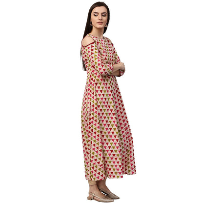 White Printed 3/4Th Sleeve Cold Shoulder 3/4Th Sleeve Cotton Anarkali Kurta | LASVINI - Redefining Indian Fashion with Elegance