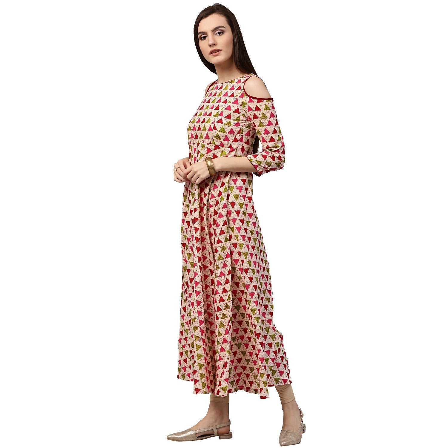 White Printed 3/4Th Sleeve Cold Shoulder 3/4Th Sleeve Cotton Anarkali Kurta | LASVINI - Redefining Indian Fashion with Elegance