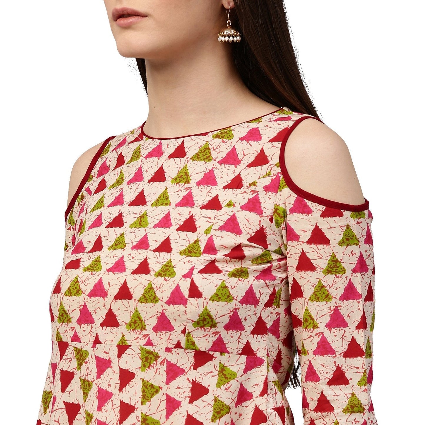 White Printed 3/4Th Sleeve Cold Shoulder 3/4Th Sleeve Cotton Anarkali Kurta | LASVINI - Redefining Indian Fashion with Elegance