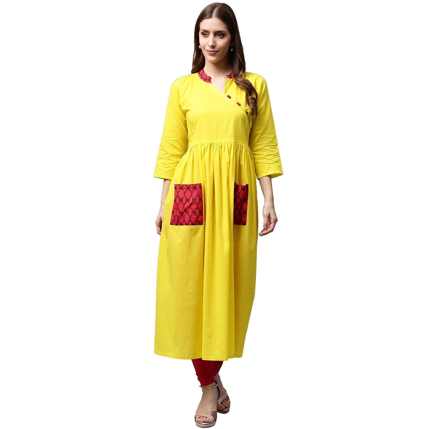 Yellow 3/4Th Sleeve Cotton Anarkali Kurta | LASVINI - Redefining Indian Fashion with Elegance