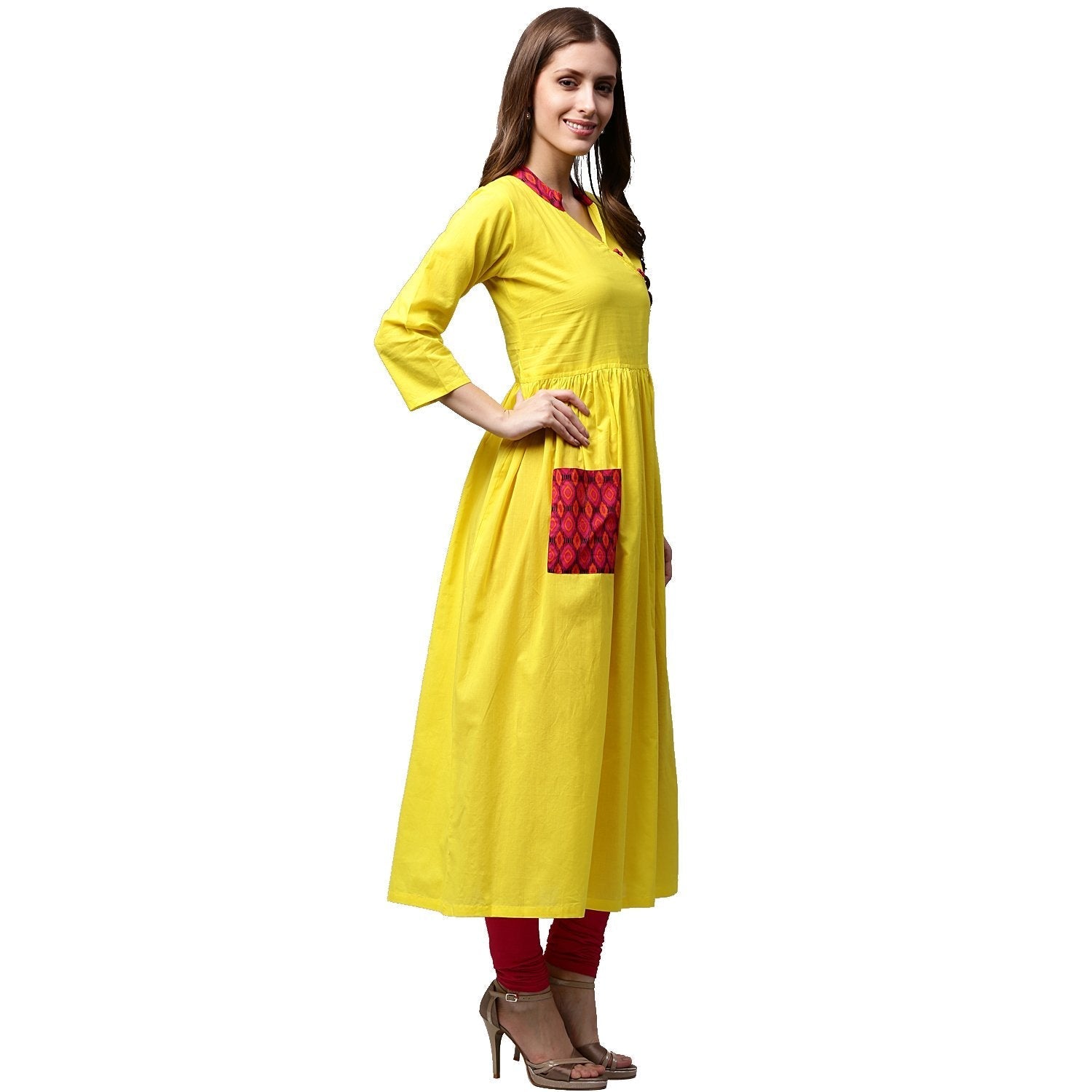 Yellow 3/4Th Sleeve Cotton Anarkali Kurta | LASVINI - Redefining Indian Fashion with Elegance