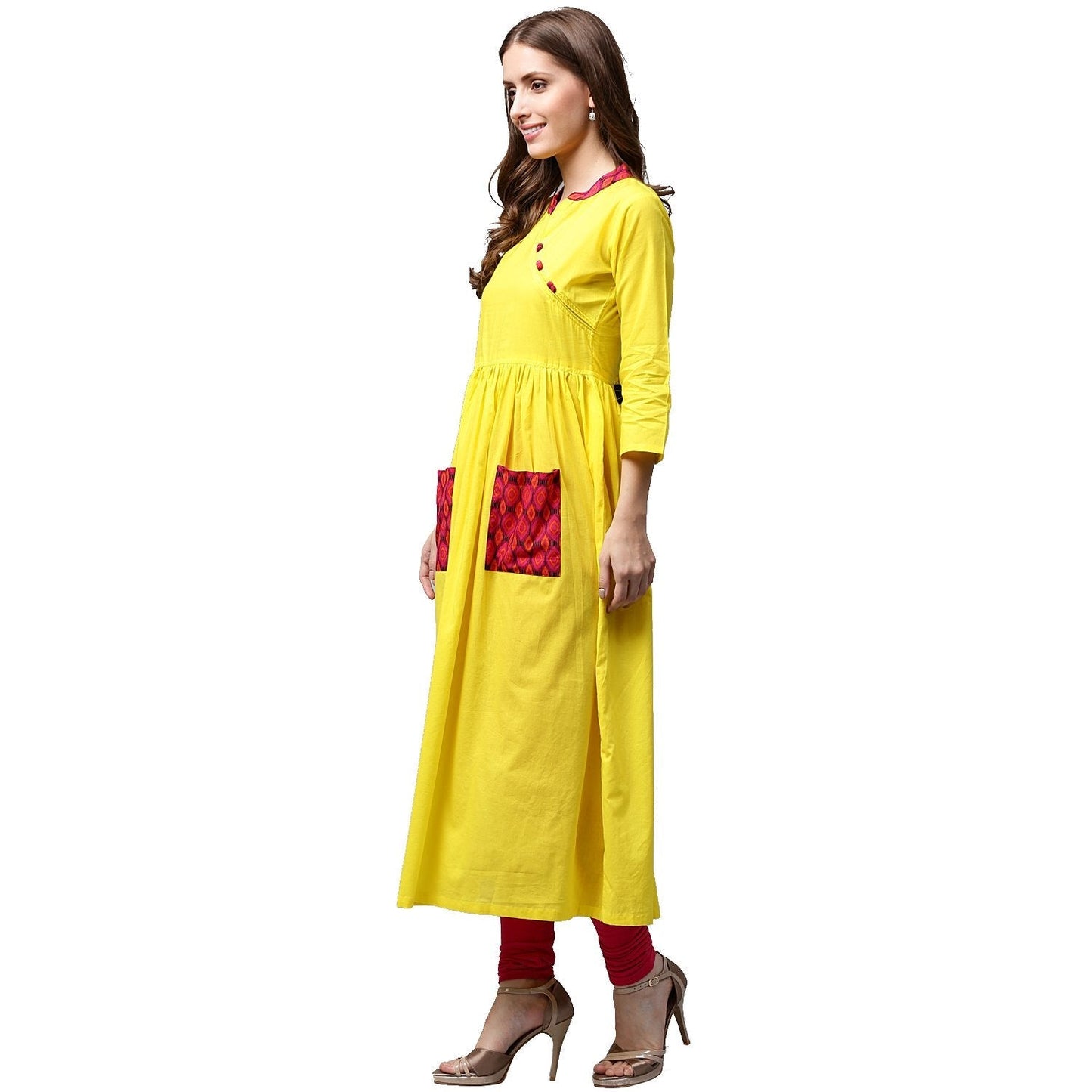 Yellow 3/4Th Sleeve Cotton Anarkali Kurta | LASVINI - Redefining Indian Fashion with Elegance