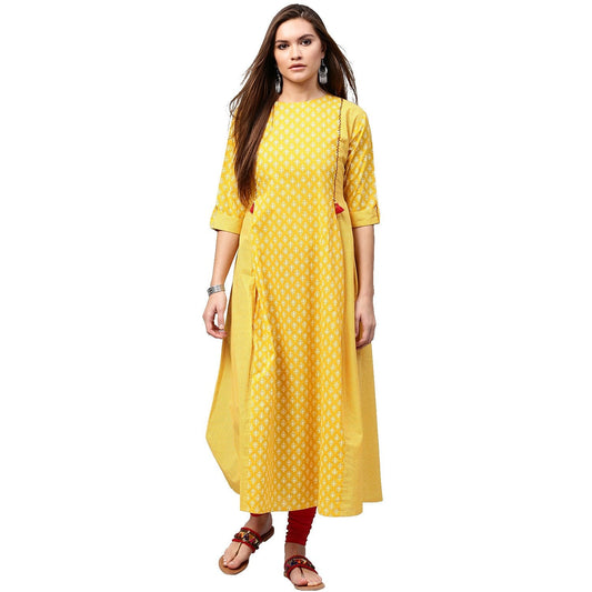 Yellow Printed 3/4Th Sleeve Cotton A-Line Kurta | LASVINI - Redefining Indian Fashion with Elegance