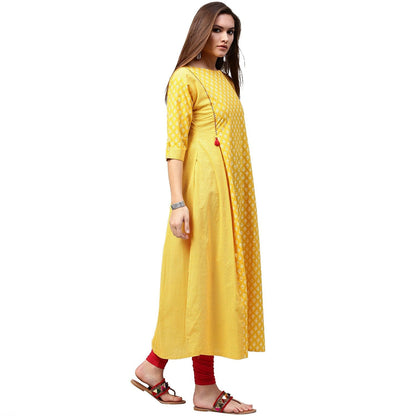 Yellow Printed 3/4Th Sleeve Cotton A-Line Kurta | LASVINI - Redefining Indian Fashion with Elegance