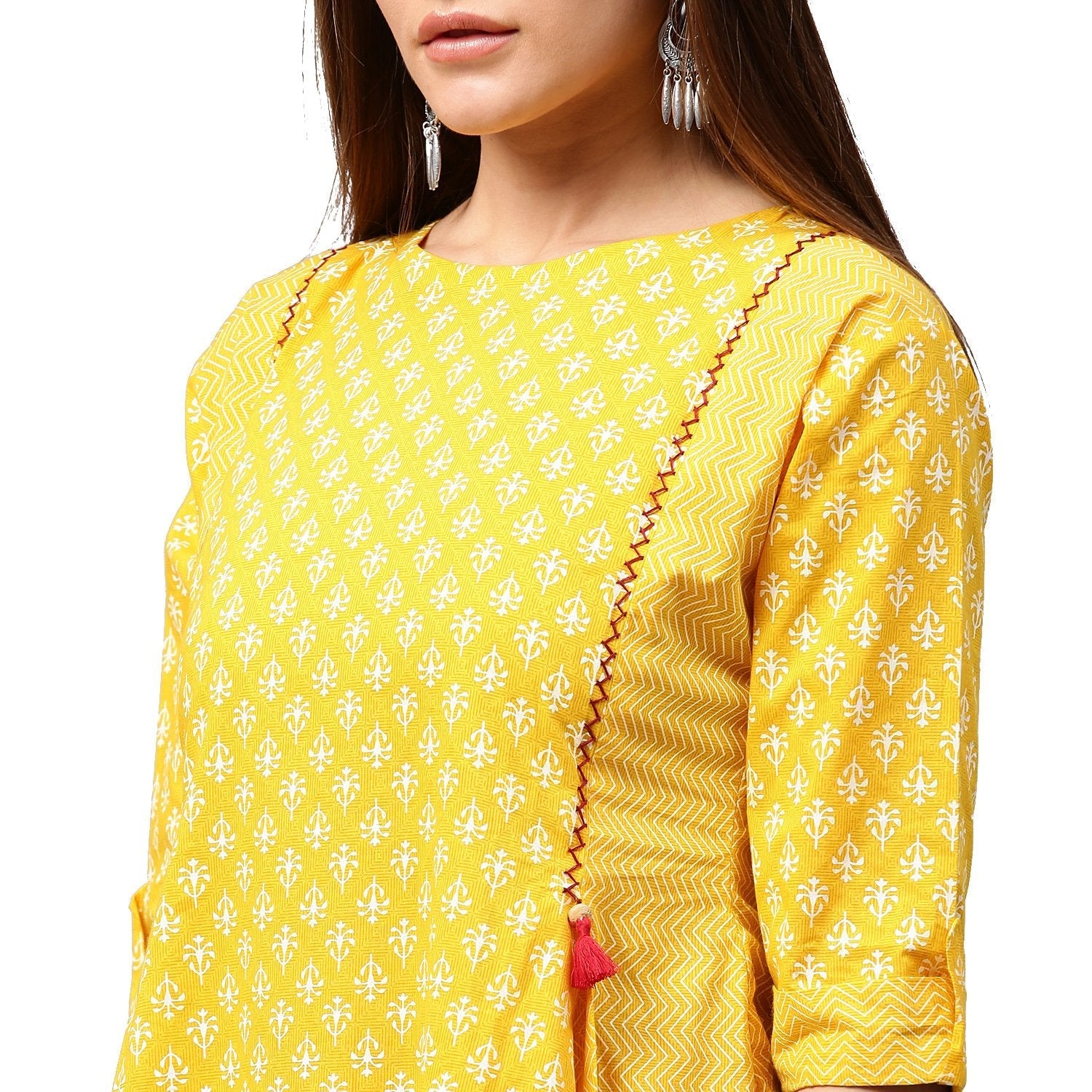 Yellow Printed 3/4Th Sleeve Cotton A-Line Kurta | LASVINI - Redefining Indian Fashion with Elegance