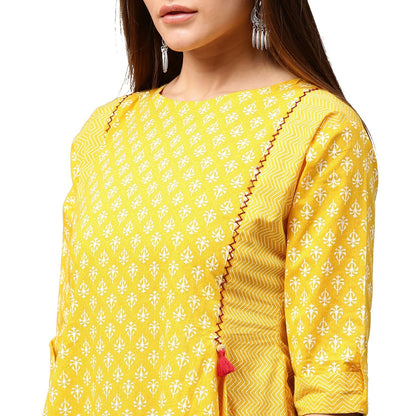 Yellow Printed 3/4Th Sleeve Cotton A-Line Kurta | LASVINI - Redefining Indian Fashion with Elegance