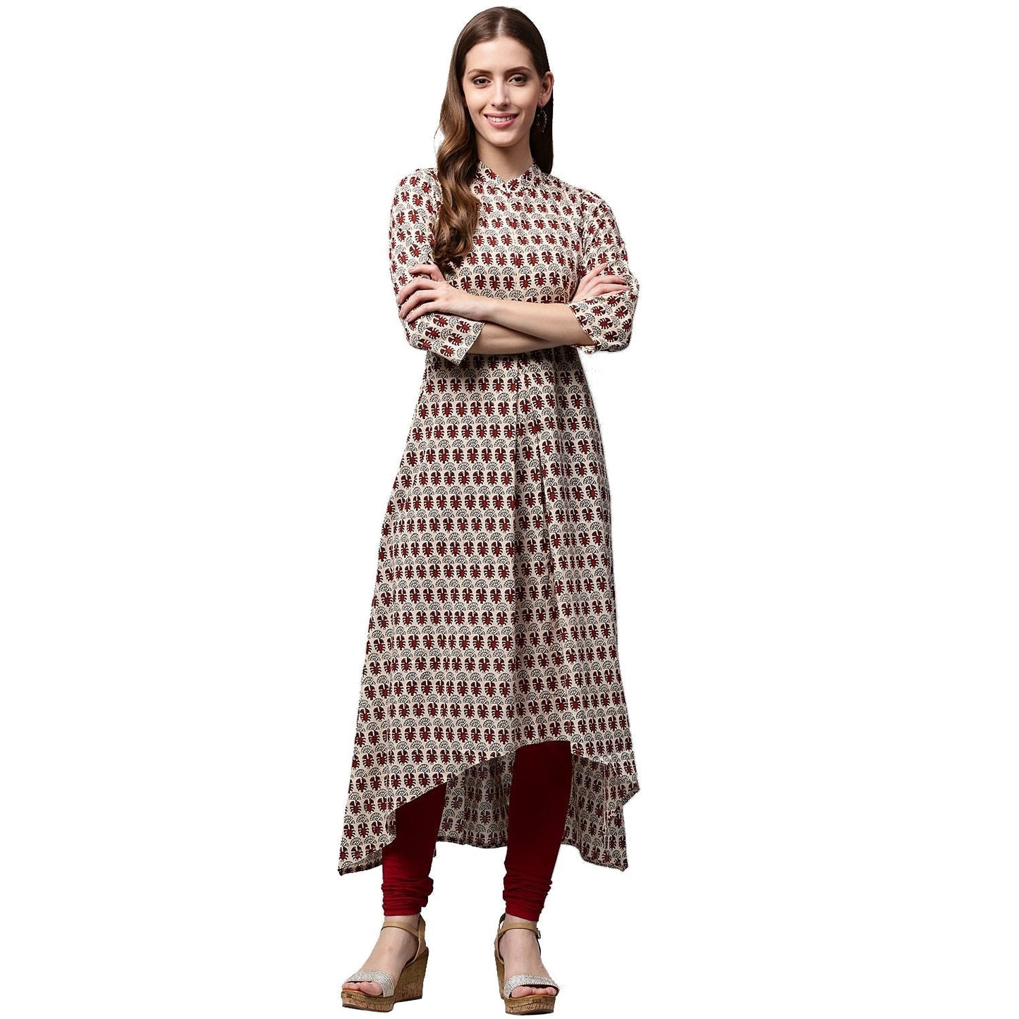 Off White And Maroon Printed 3/4Th Sleeve Cotton A-Line Kurta | LASVINI - Redefining Indian Fashion with Elegance
