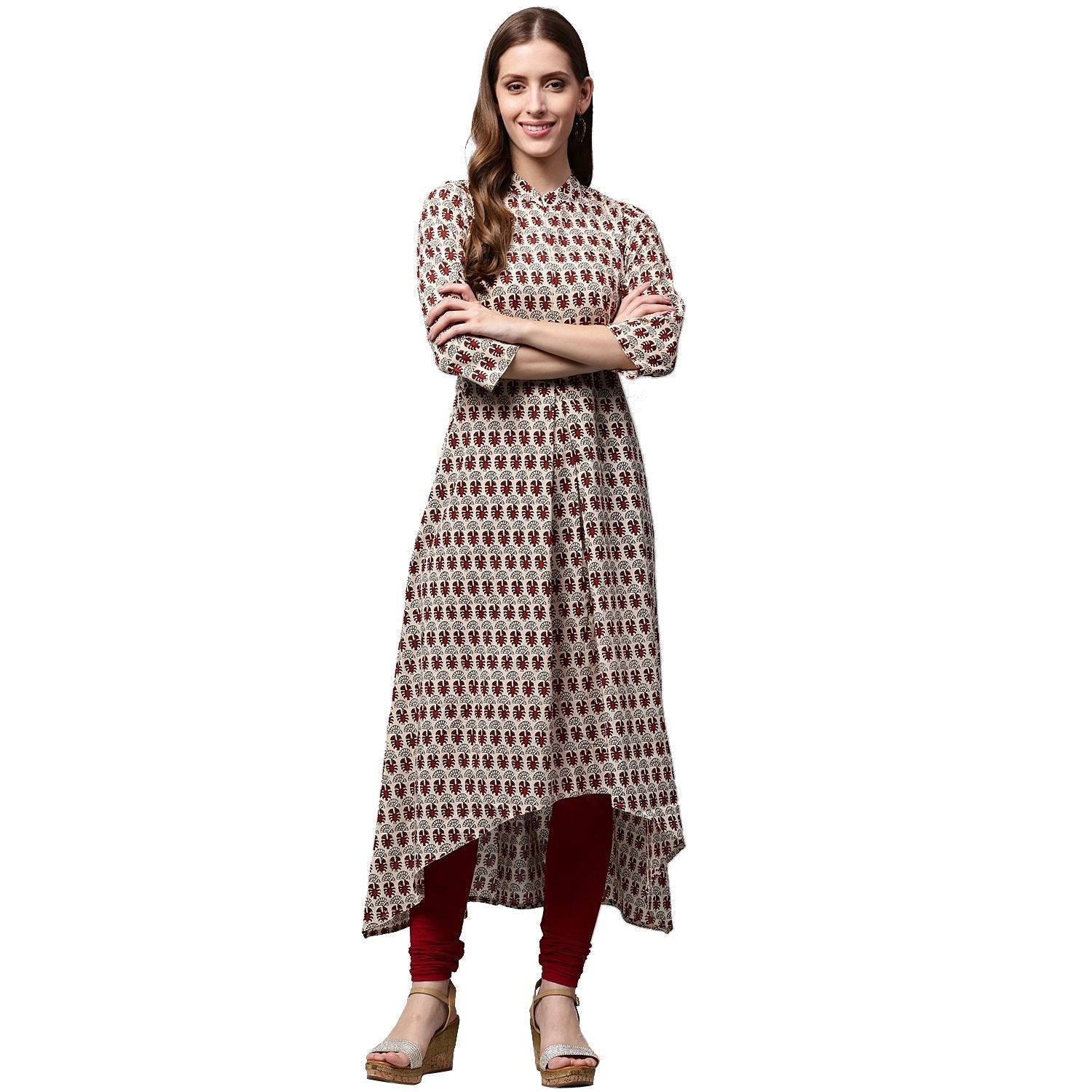 Off White And Maroon Printed 3/4Th Sleeve Cotton A-Line Kurta | LASVINI - Redefining Indian Fashion with Elegance