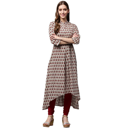 Off White And Maroon Printed 3/4Th Sleeve Cotton A-Line Kurta | LASVINI - Redefining Indian Fashion with Elegance