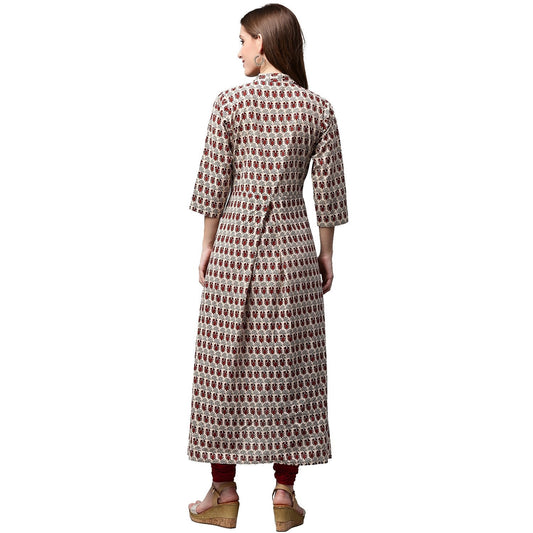 Off White And Maroon Printed 3/4Th Sleeve Cotton A-Line Kurta | LASVINI - Redefining Indian Fashion with Elegance