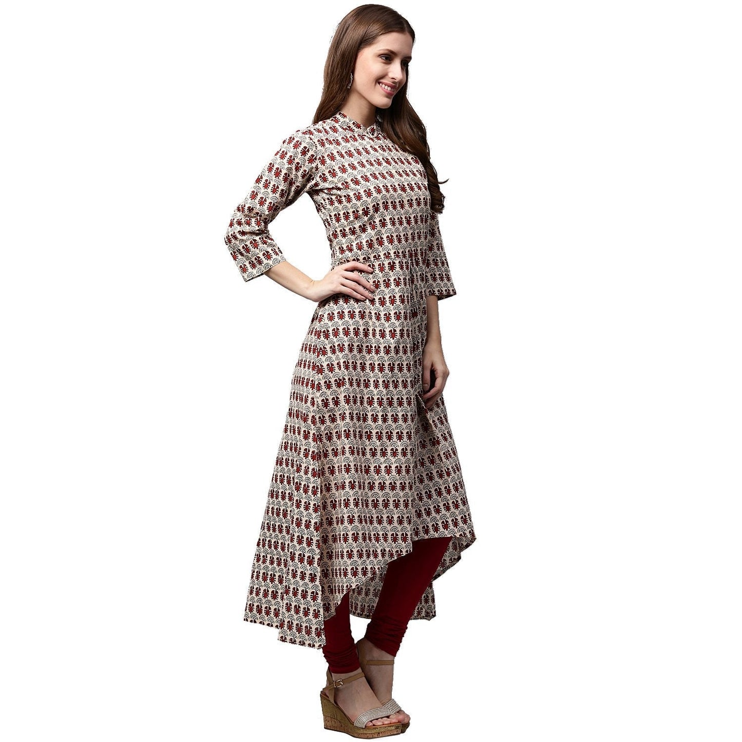 Off White And Maroon Printed 3/4Th Sleeve Cotton A-Line Kurta | LASVINI - Redefining Indian Fashion with Elegance