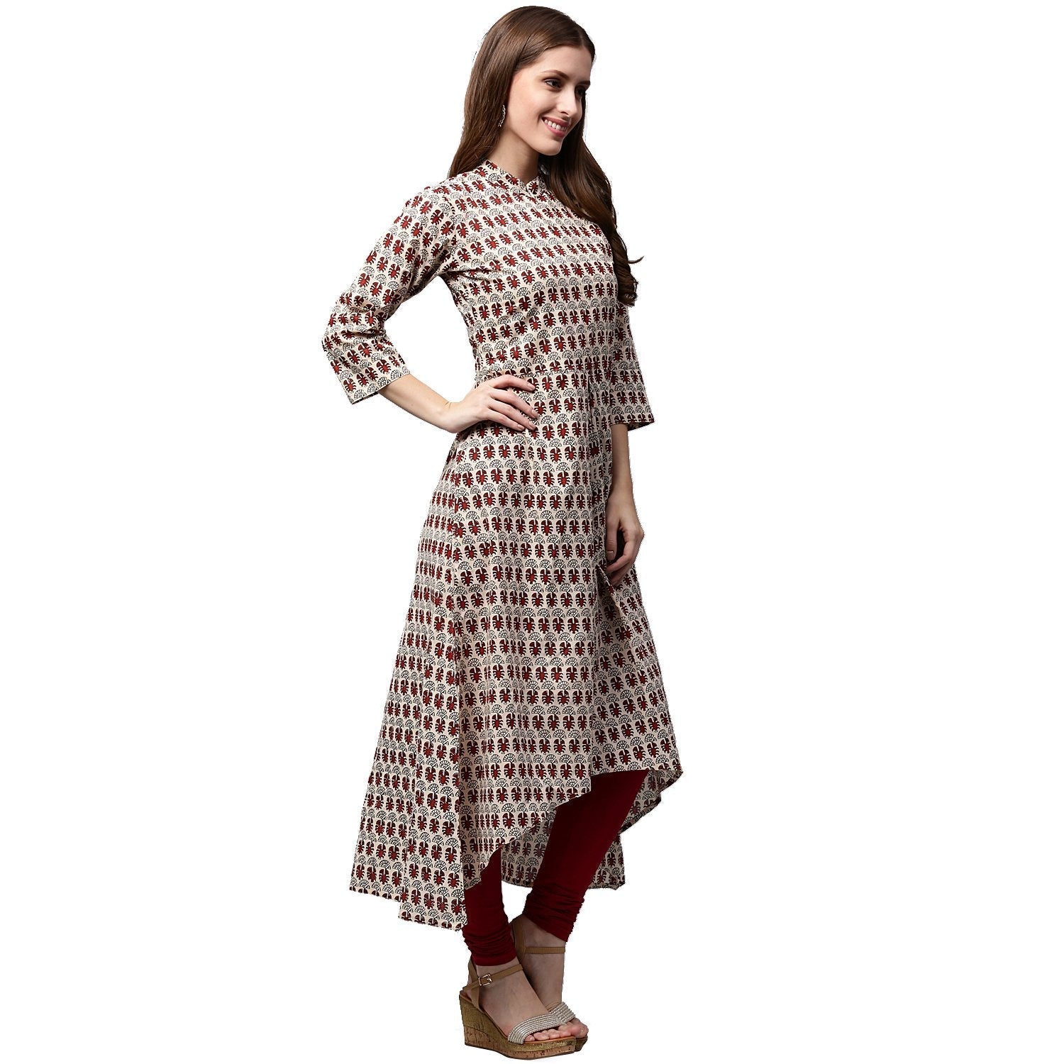 Off White And Maroon Printed 3/4Th Sleeve Cotton A-Line Kurta | LASVINI - Redefining Indian Fashion with Elegance