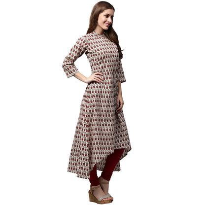 Off White And Maroon Printed 3/4Th Sleeve Cotton A-Line Kurta | LASVINI - Redefining Indian Fashion with Elegance