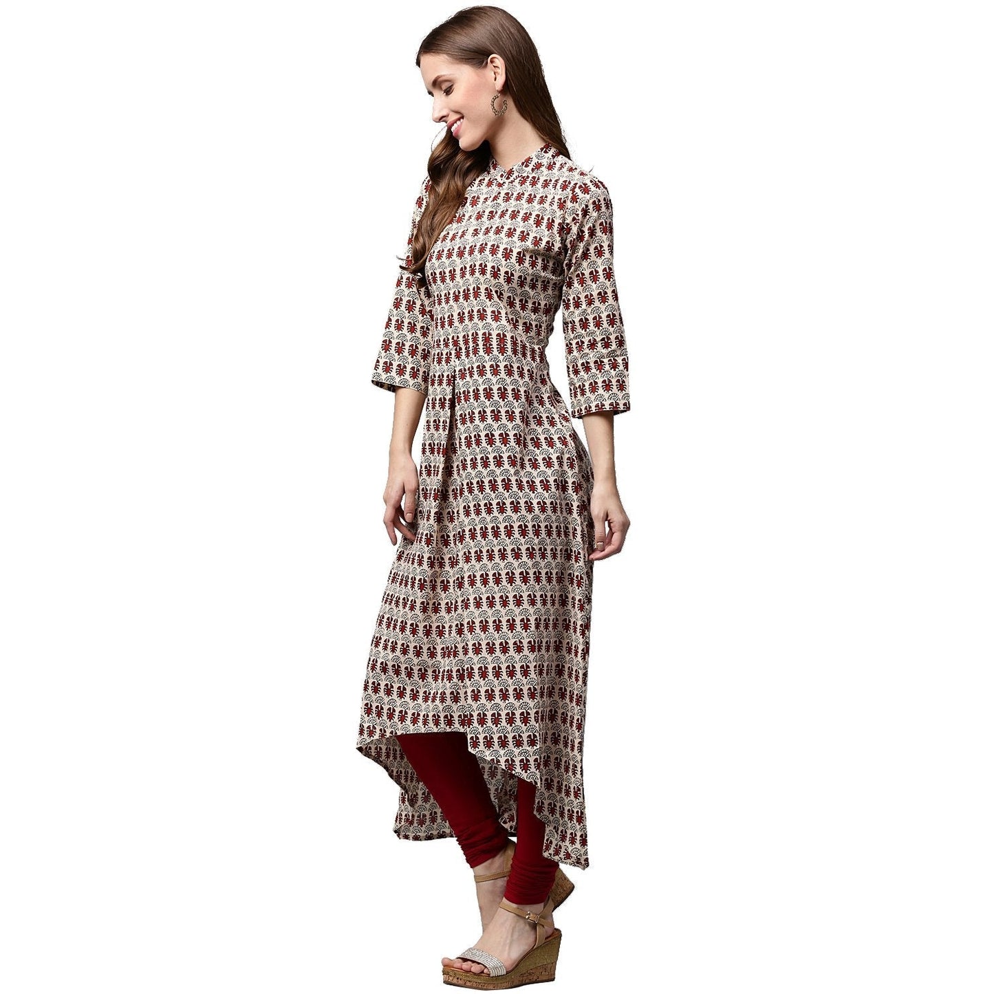 Off White And Maroon Printed 3/4Th Sleeve Cotton A-Line Kurta | LASVINI - Redefining Indian Fashion with Elegance