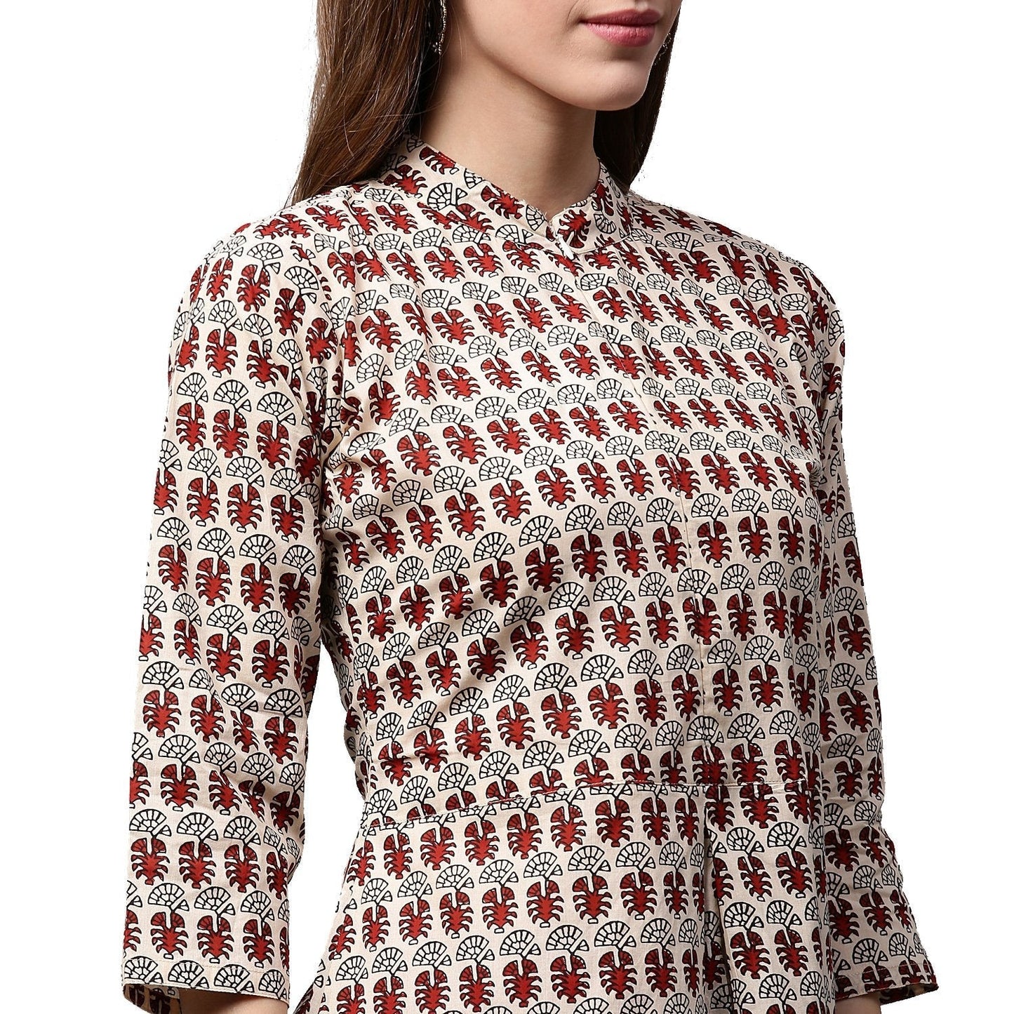 Off White And Maroon Printed 3/4Th Sleeve Cotton A-Line Kurta | LASVINI - Redefining Indian Fashion with Elegance