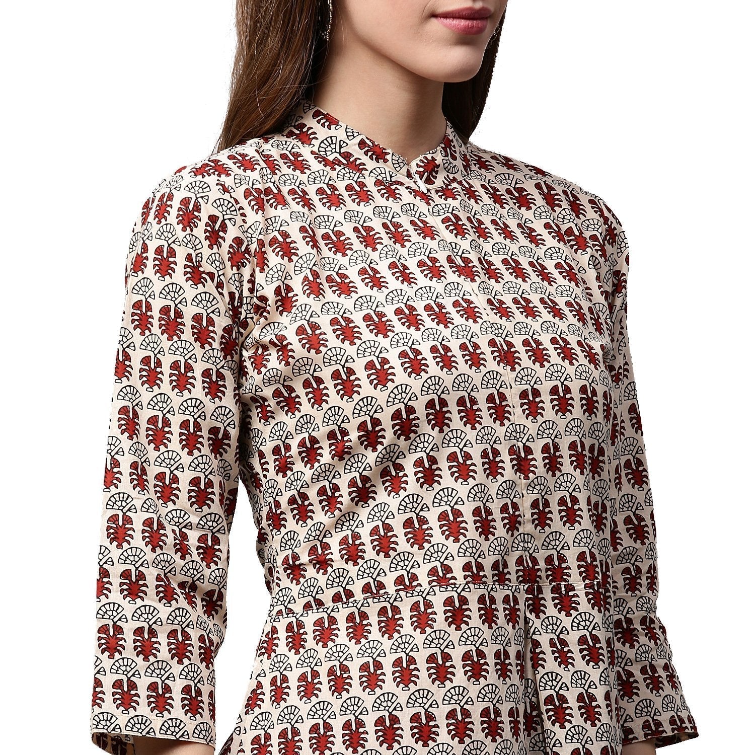 Off White And Maroon Printed 3/4Th Sleeve Cotton A-Line Kurta | LASVINI - Redefining Indian Fashion with Elegance