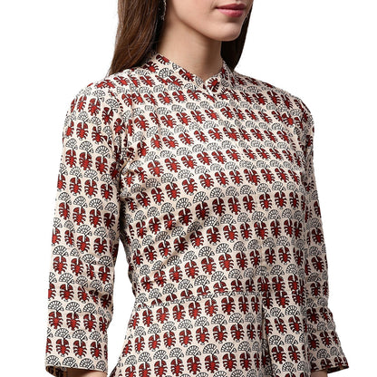 Off White And Maroon Printed 3/4Th Sleeve Cotton A-Line Kurta | LASVINI - Redefining Indian Fashion with Elegance