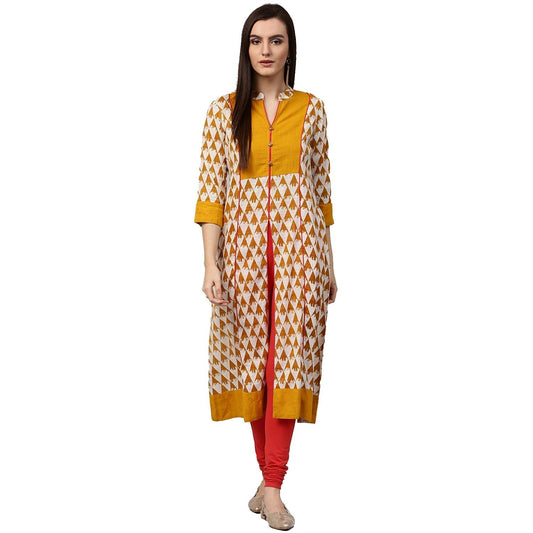 Yellow Printed 3/4Th Sleeve Cotton A-Line Kurta | LASVINI - Redefining Indian Fashion with Elegance