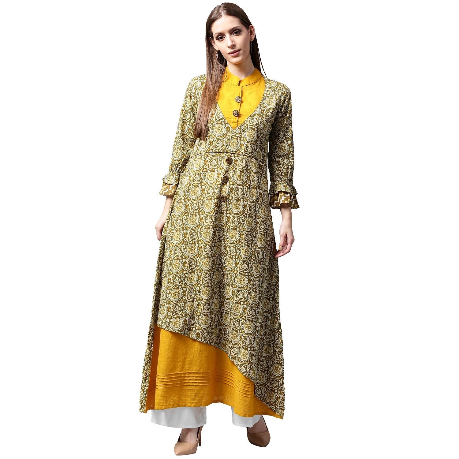 Yellow & Green Printed 3/4Th Sleeve Cotton Double Layer A-Line Kurta | LASVINI - Redefining Indian Fashion with Elegance