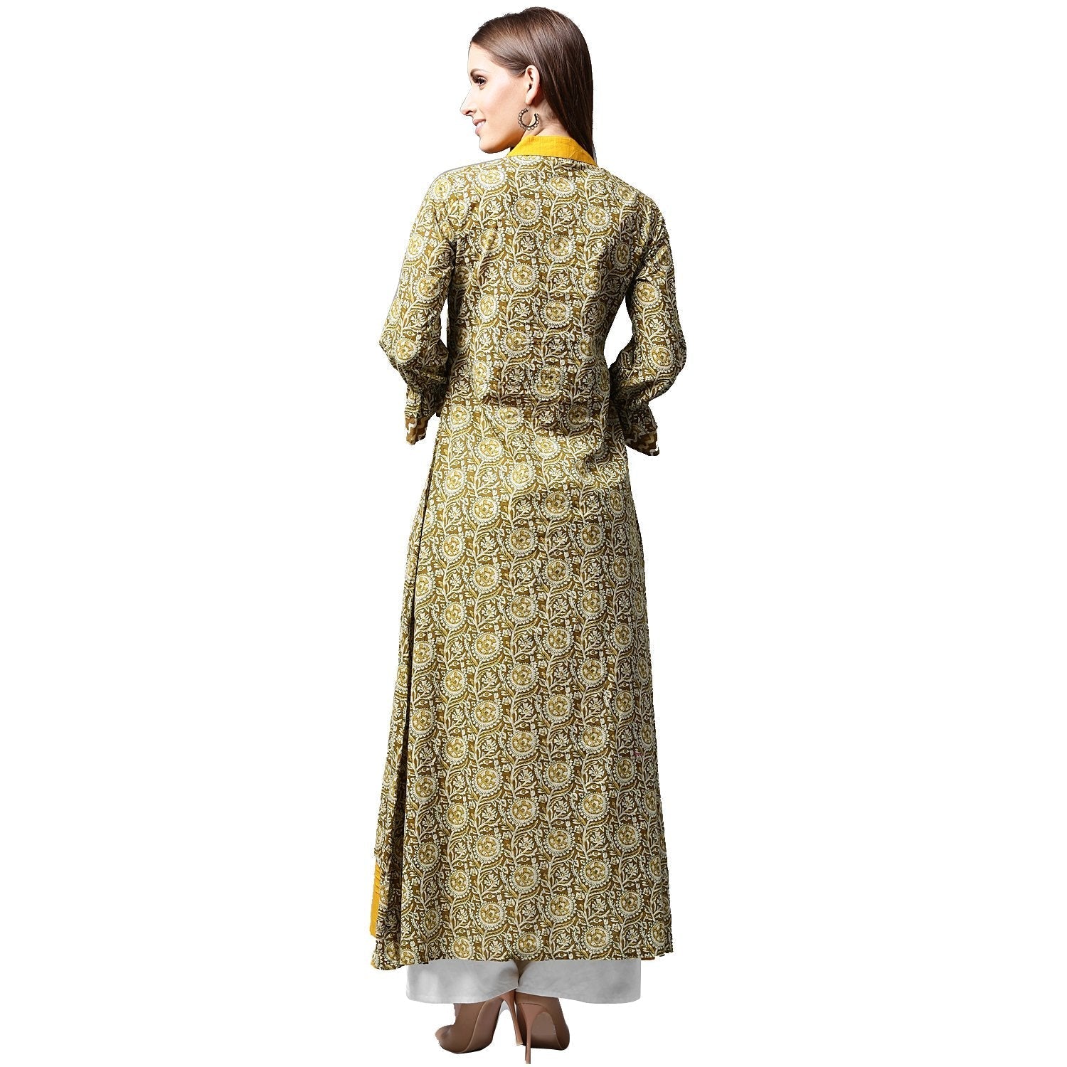 Yellow & Green Printed 3/4Th Sleeve Cotton Double Layer A-Line Kurta | LASVINI - Redefining Indian Fashion with Elegance