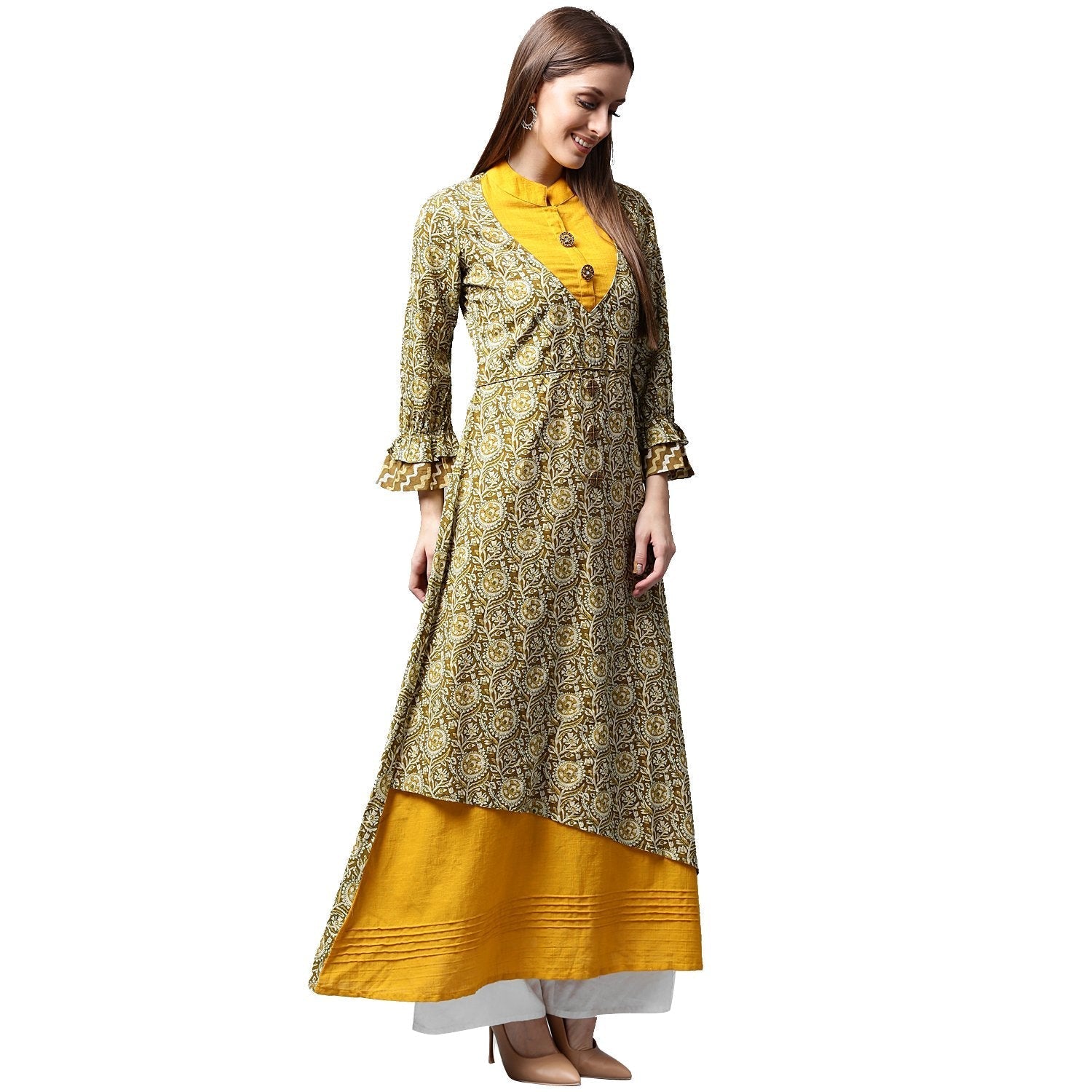 Yellow & Green Printed 3/4Th Sleeve Cotton Double Layer A-Line Kurta | LASVINI - Redefining Indian Fashion with Elegance