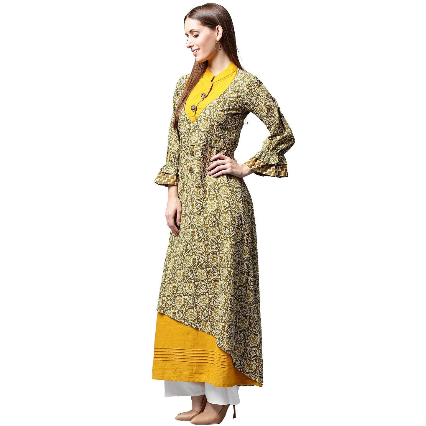 Yellow & Green Printed 3/4Th Sleeve Cotton Double Layer A-Line Kurta | LASVINI - Redefining Indian Fashion with Elegance