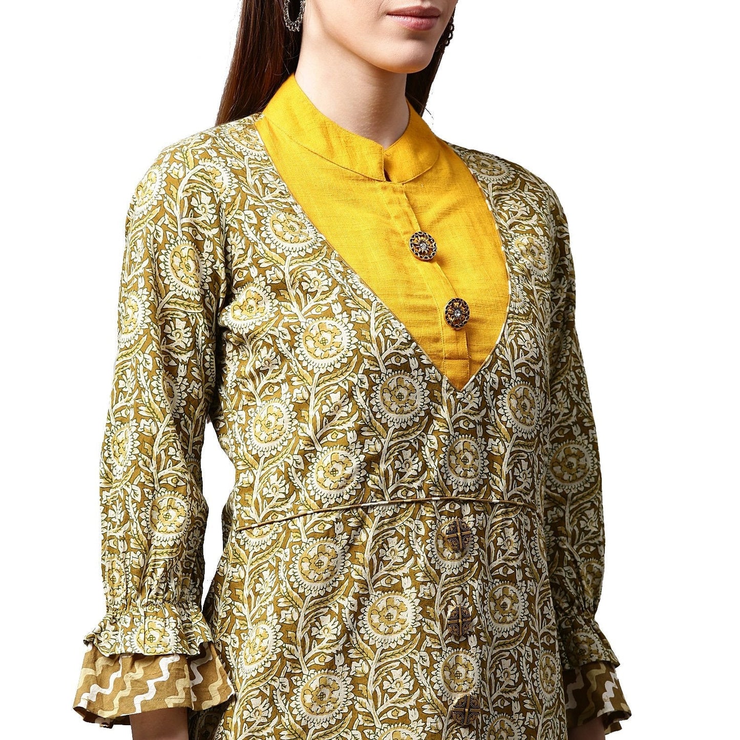 Yellow & Green Printed 3/4Th Sleeve Cotton Double Layer A-Line Kurta | LASVINI - Redefining Indian Fashion with Elegance