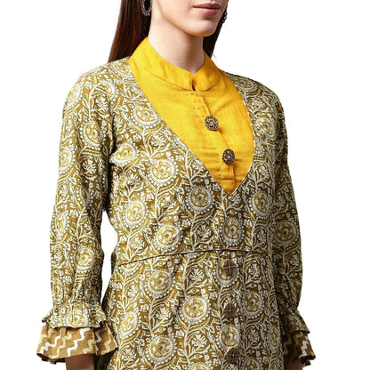 Yellow & Green Printed 3/4Th Sleeve Cotton Double Layer A-Line Kurta | LASVINI - Redefining Indian Fashion with Elegance