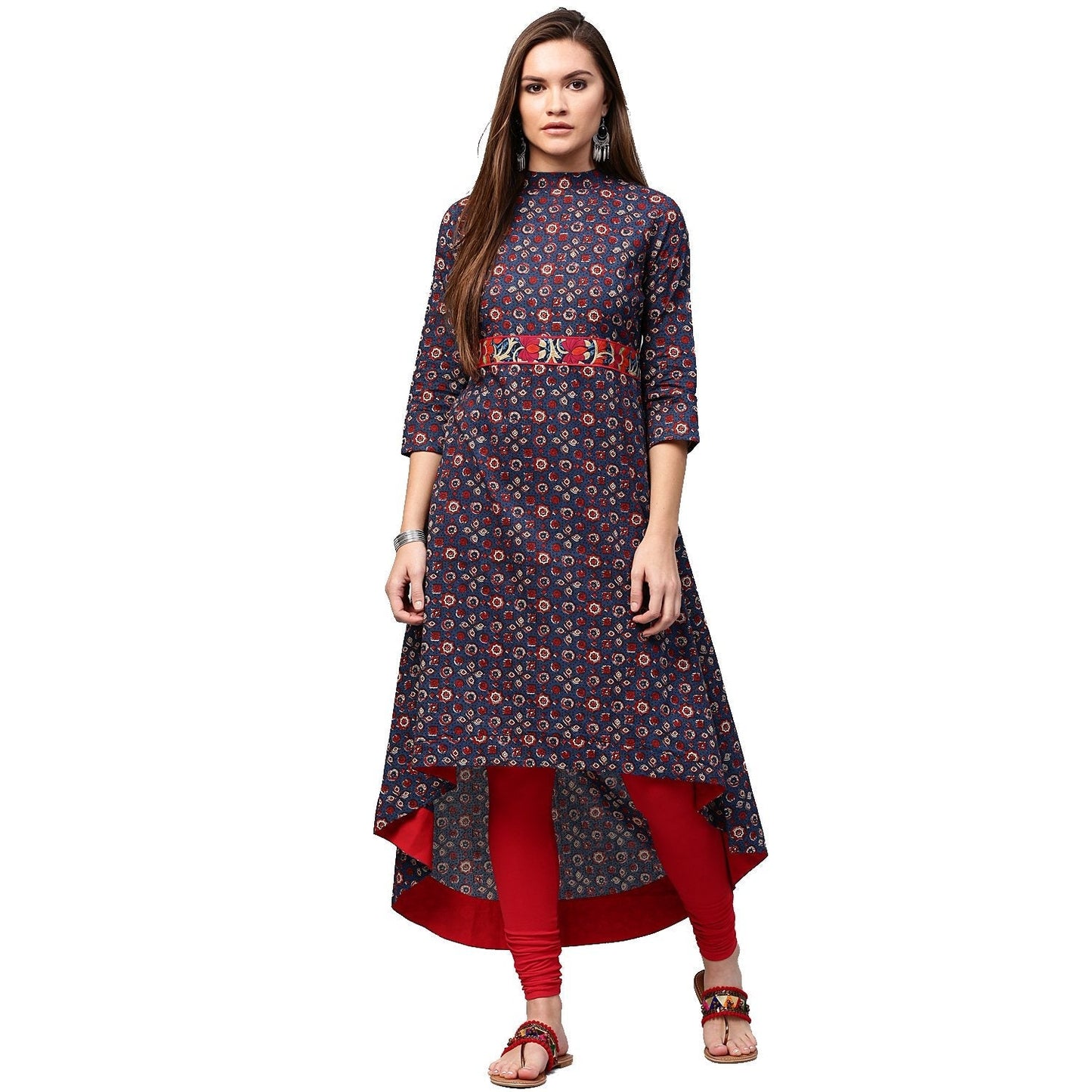 Blue Printed 3/4Th Sleeve Low High A-Line Kurta | LASVINI - Redefining Indian Fashion with Elegance
