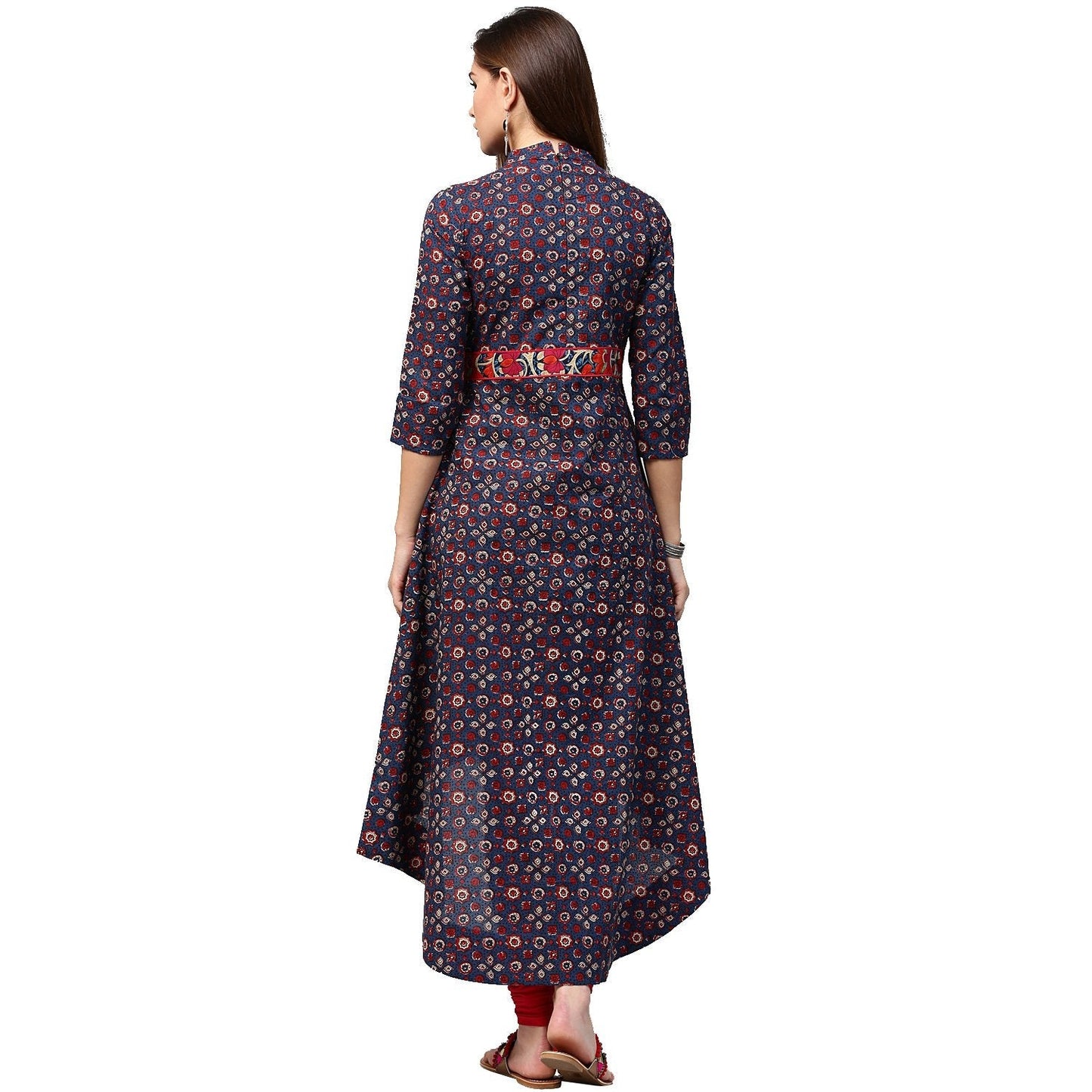Blue Printed 3/4Th Sleeve Low High A-Line Kurta | LASVINI - Redefining Indian Fashion with Elegance
