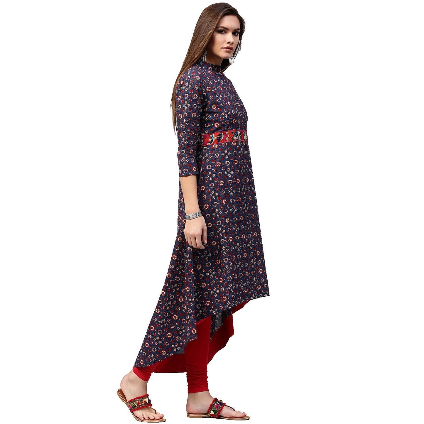 Blue Printed 3/4Th Sleeve Low High A-Line Kurta | LASVINI - Redefining Indian Fashion with Elegance