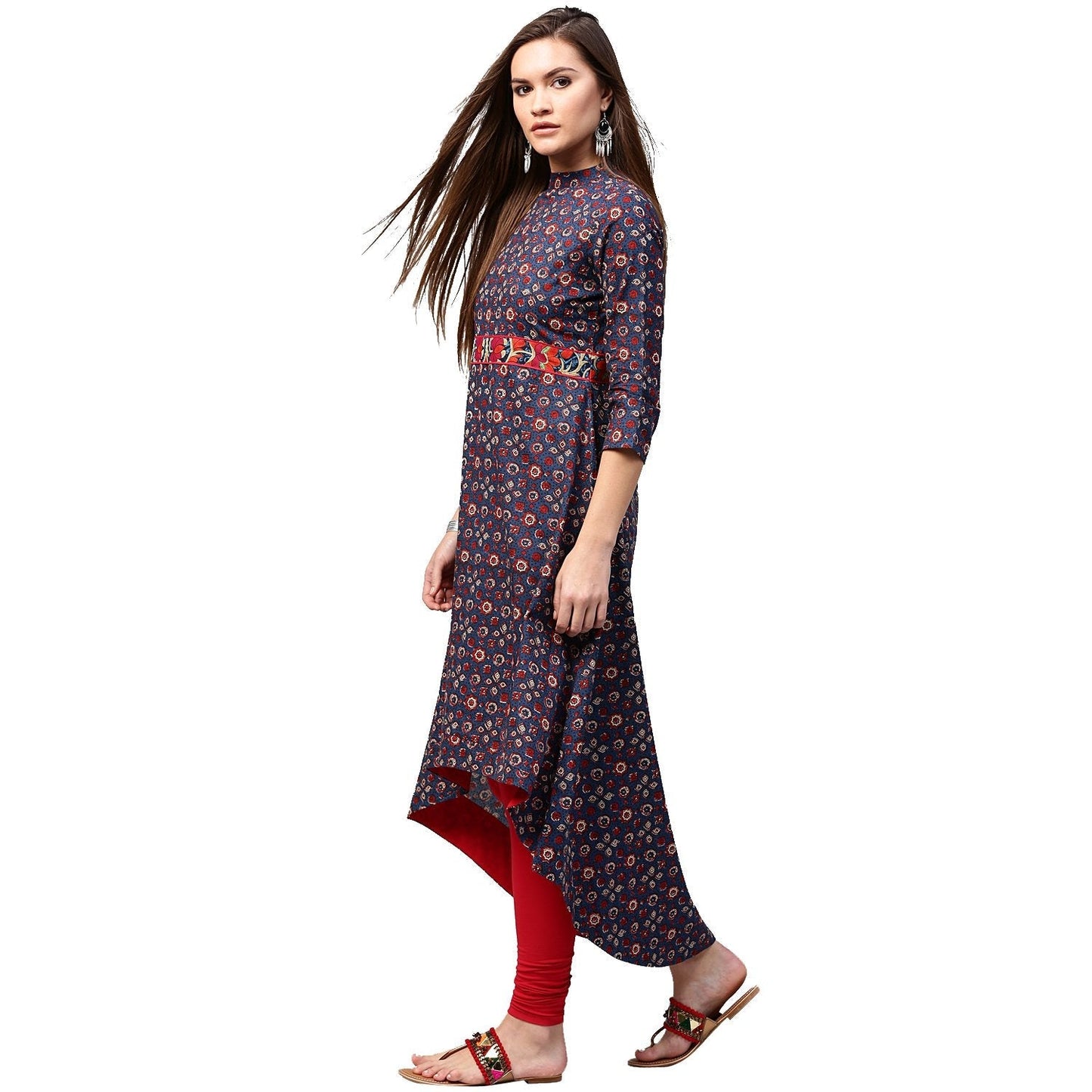 Blue Printed 3/4Th Sleeve Low High A-Line Kurta | LASVINI - Redefining Indian Fashion with Elegance