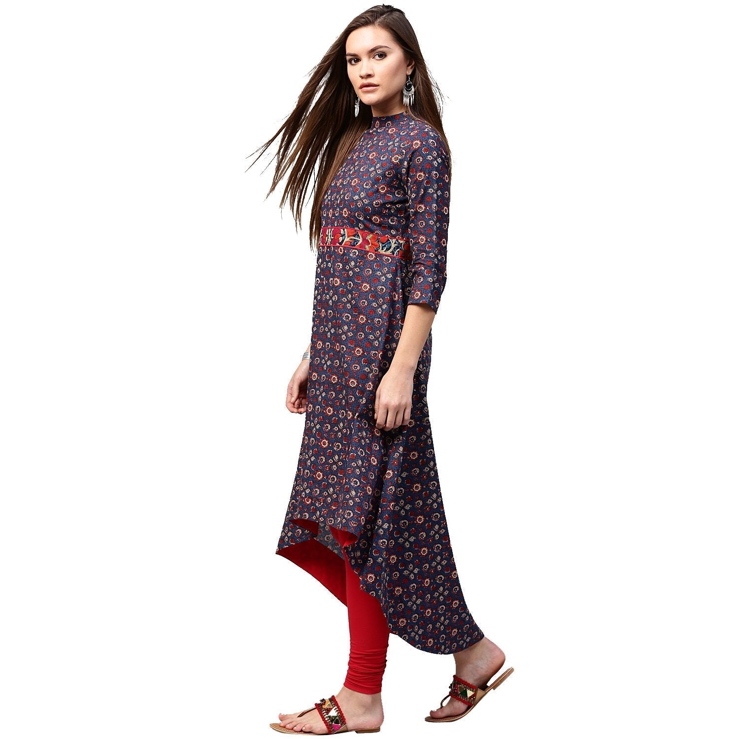 Blue Printed 3/4Th Sleeve Low High A-Line Kurta | LASVINI - Redefining Indian Fashion with Elegance