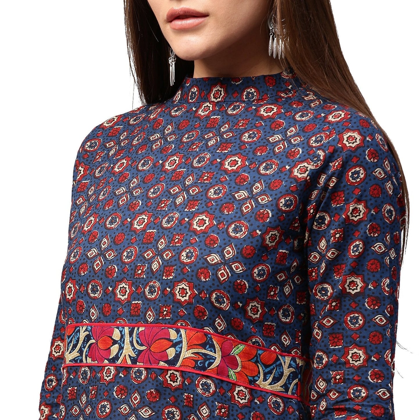 Blue Printed 3/4Th Sleeve Low High A-Line Kurta | LASVINI - Redefining Indian Fashion with Elegance