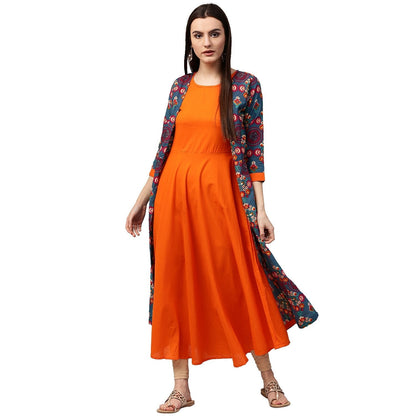 Blue & Orange Printed 3/4Th Sleeve Cotton Double Layer A-Line Kurta | LASVINI - Redefining Indian Fashion with Elegance