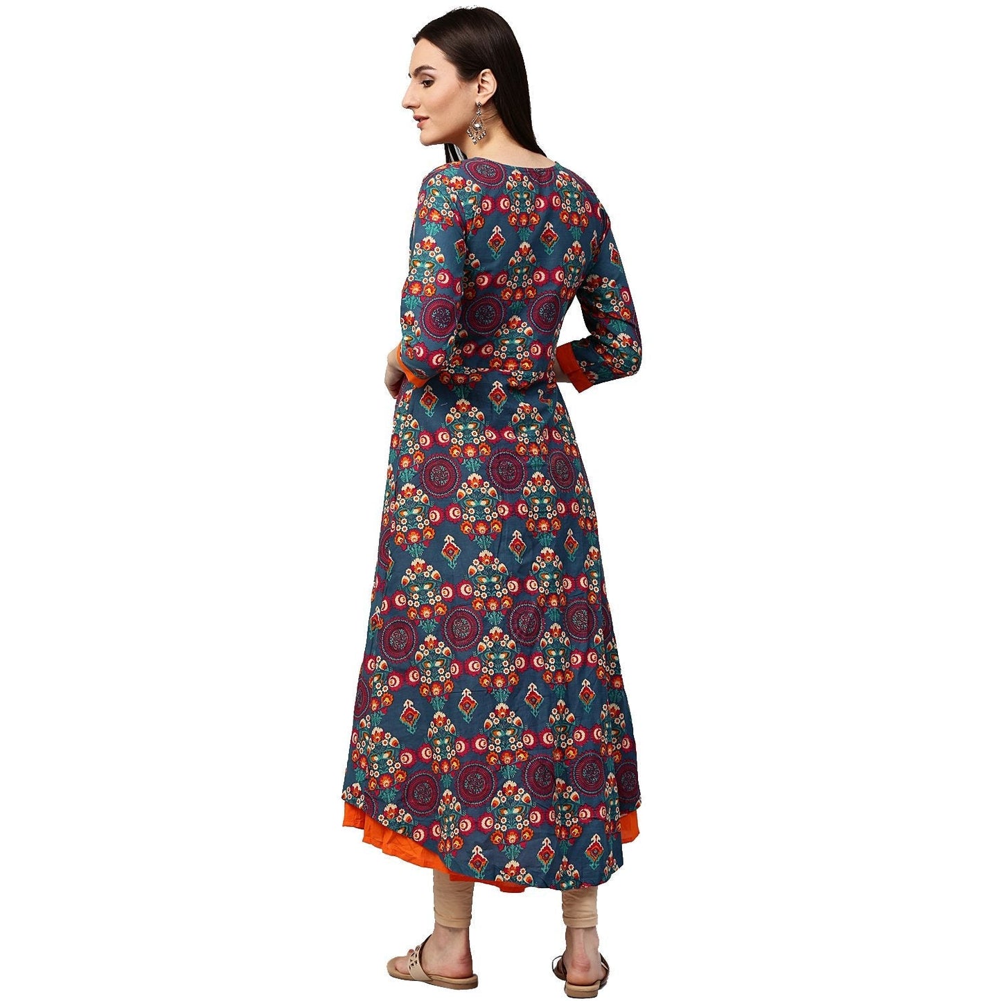 Blue & Orange Printed 3/4Th Sleeve Cotton Double Layer A-Line Kurta | LASVINI - Redefining Indian Fashion with Elegance
