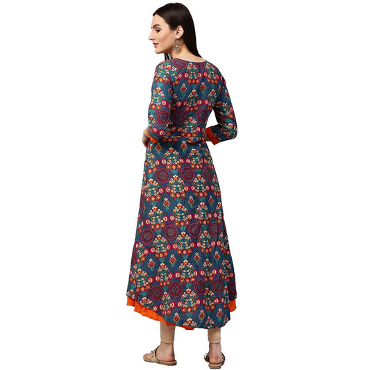 Blue & Orange Printed 3/4Th Sleeve Cotton Double Layer A-Line Kurta | LASVINI - Redefining Indian Fashion with Elegance