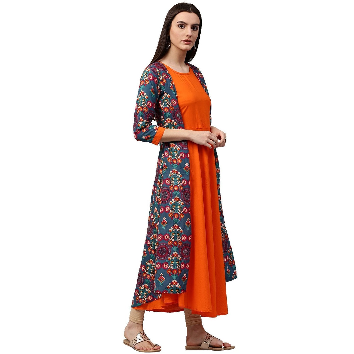 Blue & Orange Printed 3/4Th Sleeve Cotton Double Layer A-Line Kurta | LASVINI - Redefining Indian Fashion with Elegance