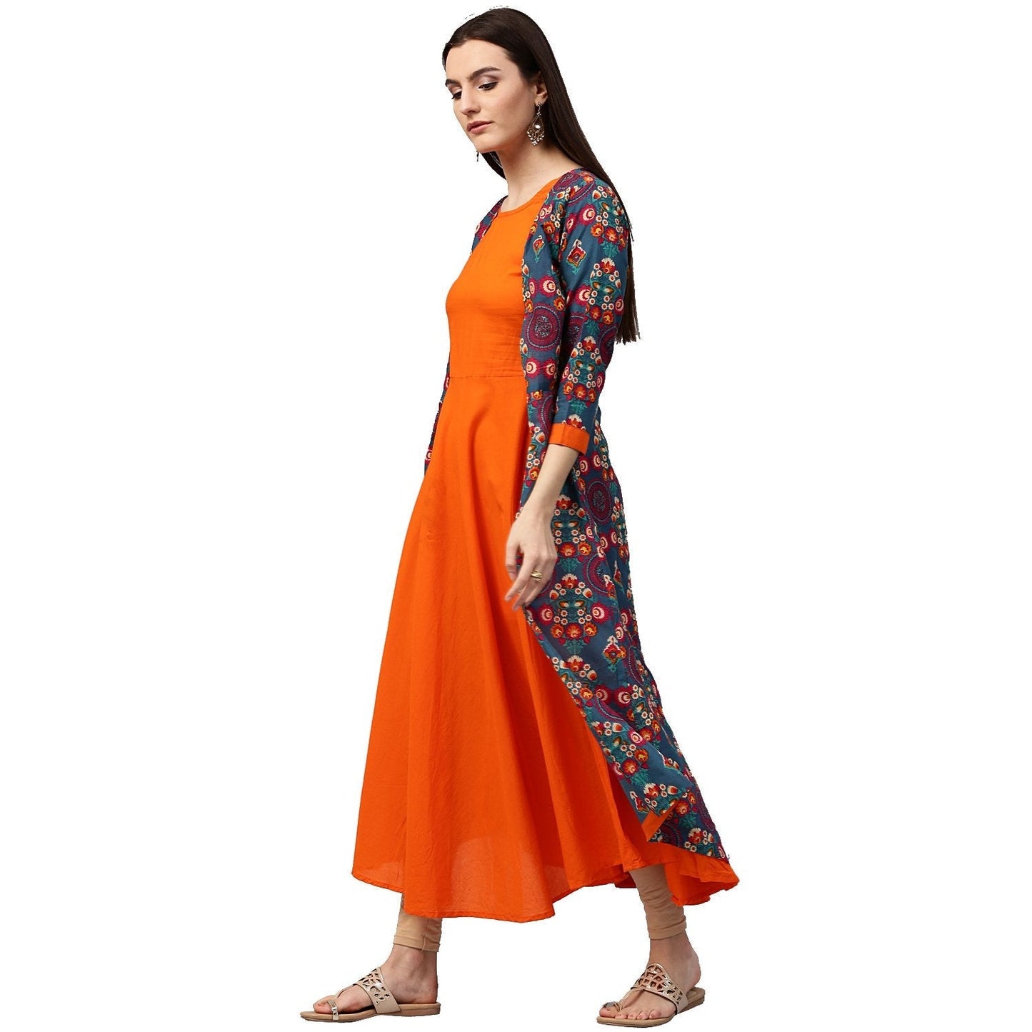 Blue & Orange Printed 3/4Th Sleeve Cotton Double Layer A-Line Kurta | LASVINI - Redefining Indian Fashion with Elegance