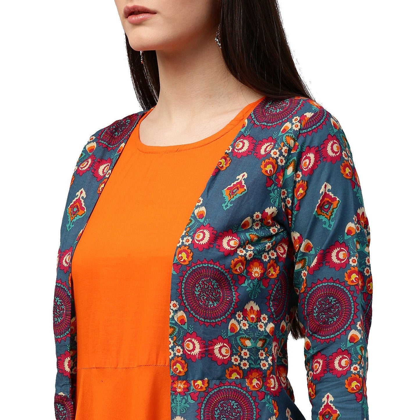 Blue & Orange Printed 3/4Th Sleeve Cotton Double Layer A-Line Kurta | LASVINI - Redefining Indian Fashion with Elegance