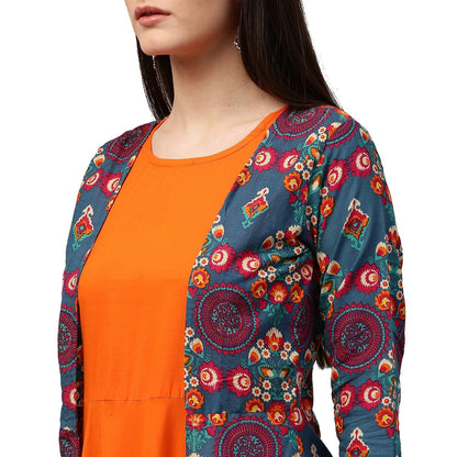 Blue & Orange Printed 3/4Th Sleeve Cotton Double Layer A-Line Kurta | LASVINI - Redefining Indian Fashion with Elegance