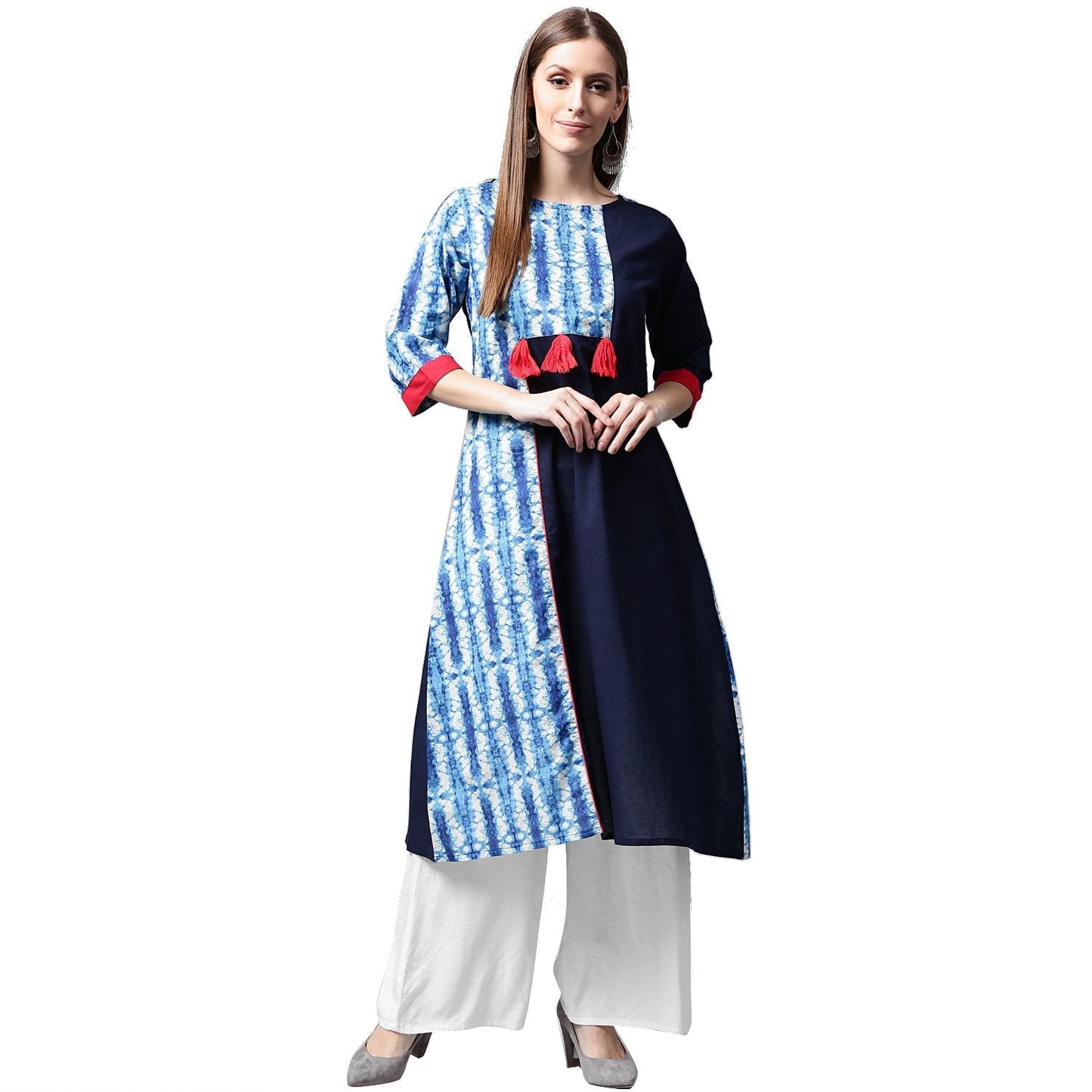 Blue Printed 3/4Th Sleeve Cotton Kurta | LASVINI - Redefining Indian Fashion with Elegance