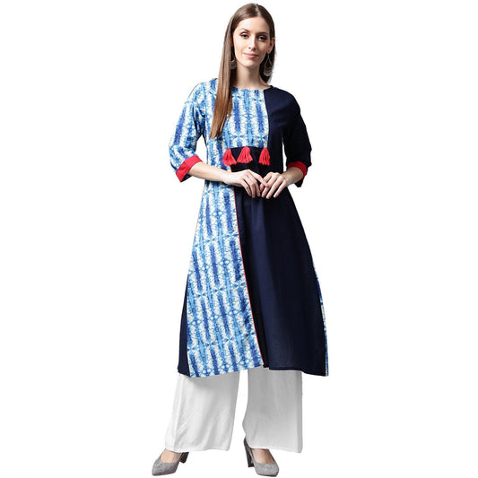 Blue Printed 3/4Th Sleeve Cotton Kurta | LASVINI - Redefining Indian Fashion with Elegance