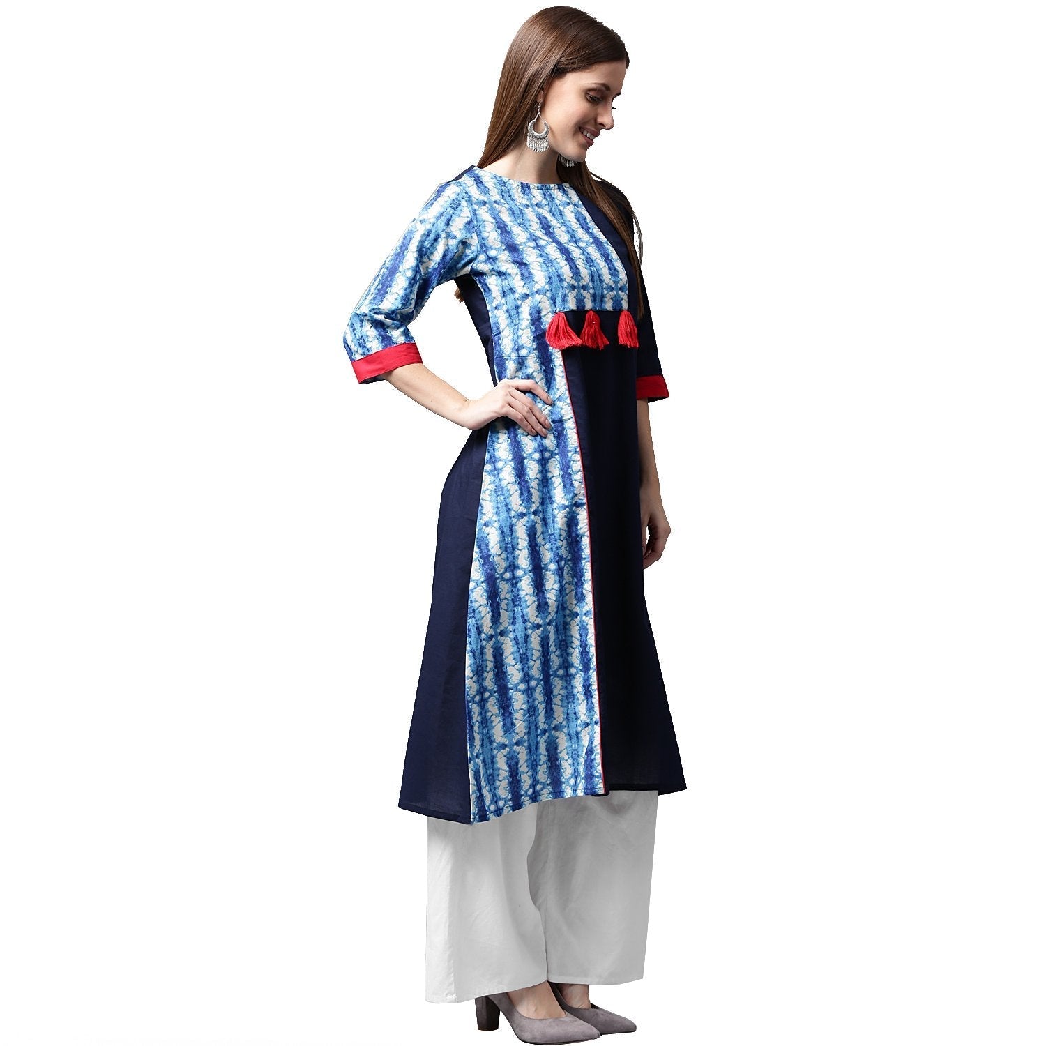 Blue Printed 3/4Th Sleeve Cotton Kurta | LASVINI - Redefining Indian Fashion with Elegance