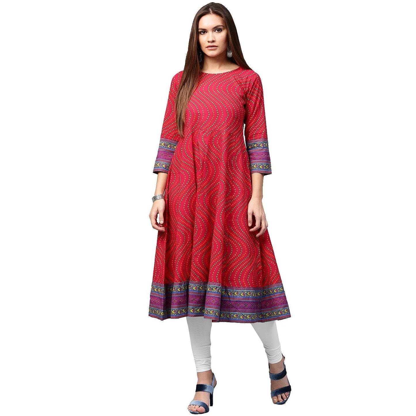 Red Printed 3/4Th Sleeve Cotton Anarkali Kurta | LASVINI - Redefining Indian Fashion with Elegance