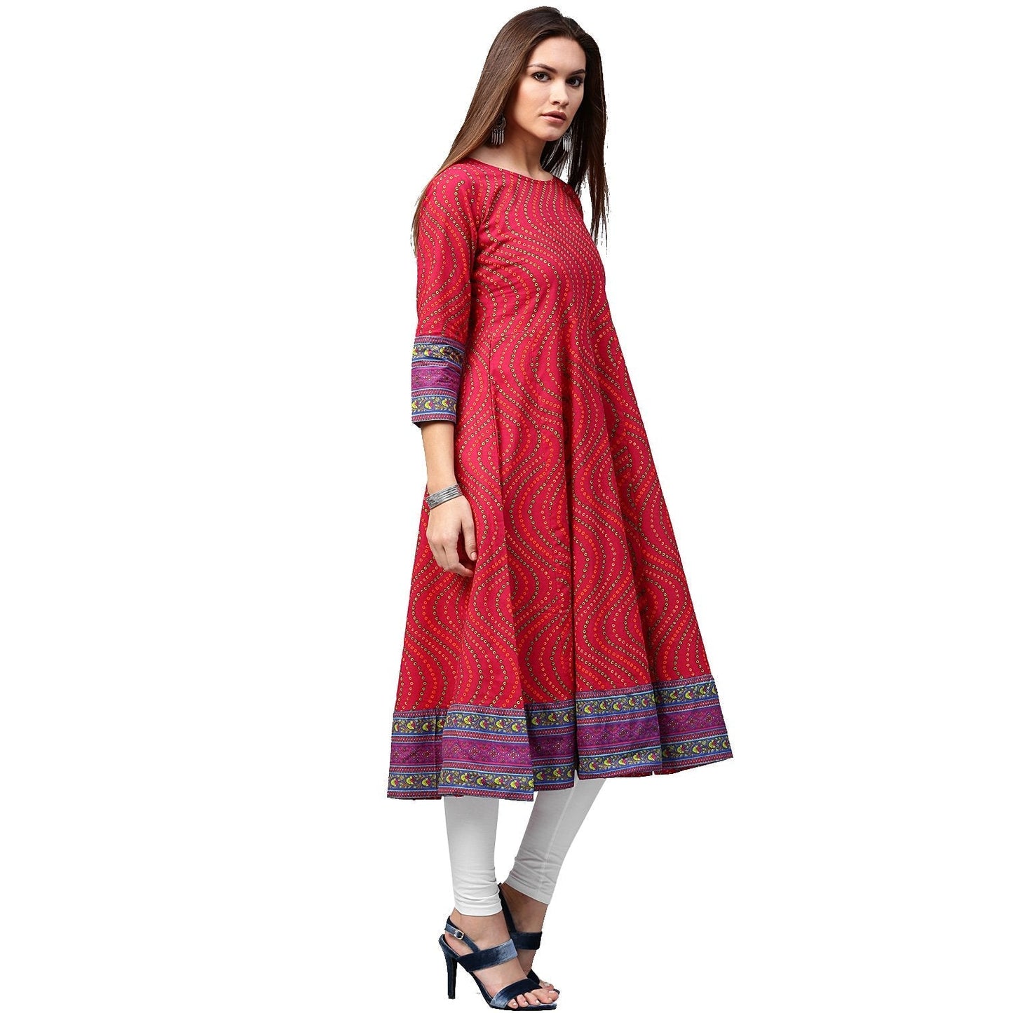 Red Printed 3/4Th Sleeve Cotton Anarkali Kurta | LASVINI - Redefining Indian Fashion with Elegance