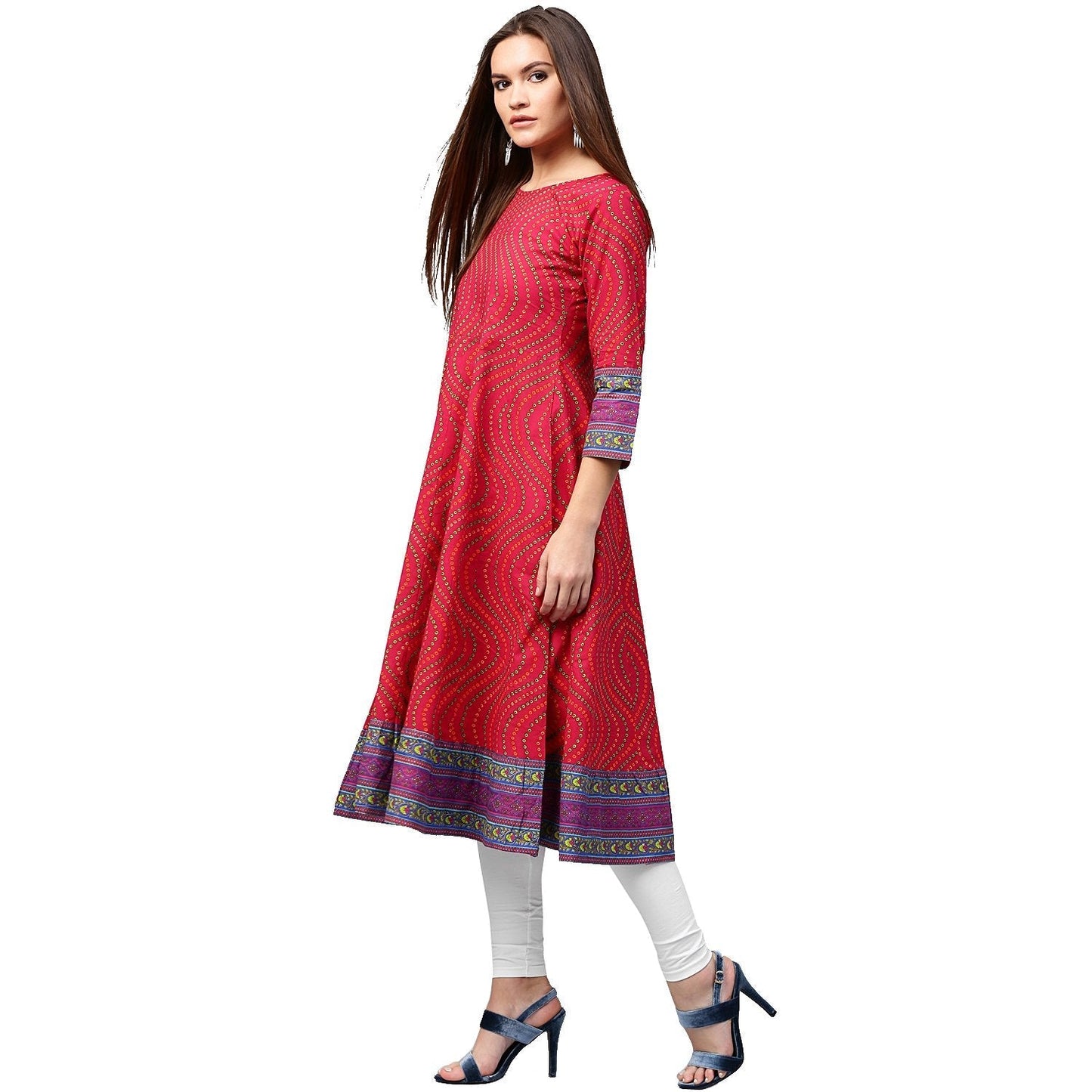 Red Printed 3/4Th Sleeve Cotton Anarkali Kurta | LASVINI - Redefining Indian Fashion with Elegance